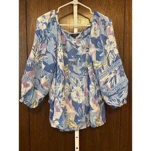 Mlle Gabrielle Blouse Womens Sz L Blue Floral Balloon Sleeves Sheer Embroidery